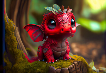 An adorable red dragon generated in a 3D style to be cute in its natural environment	