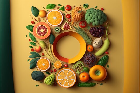  a colorful fruit and vegetable illustration on a yellow background with a green border around it and a green border around the edges of the image, with a yellow border at the bottom. Generative AI 