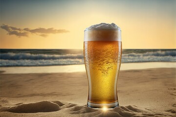 a glass of beer at sunset, on the beach, generative AI