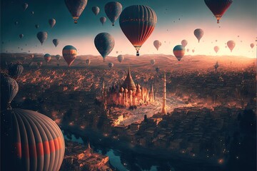  a large group of hot air balloons flying over a city at night with a lot of lights on the buildings and the sky in the background is a glowing orange glow of the sun,. Generative AI  - obrazy, fototapety, plakaty