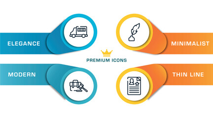 law and justice outline icons with infographic template. thin line icons such as prisoner transport vehicle, employment, feather pen, criminal record vector.