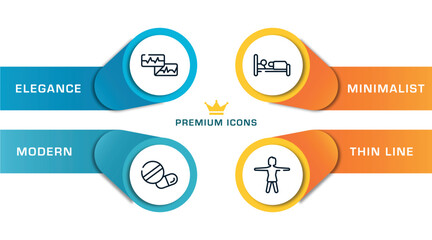 medical icons outline icons with infographic template. thin line icons such as electrocardiogram report, medical pill, illness on bed, women vector.