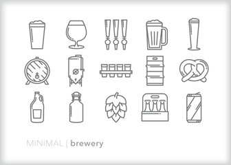 Set of brewery line icons of beer, brewing, taps and kegs