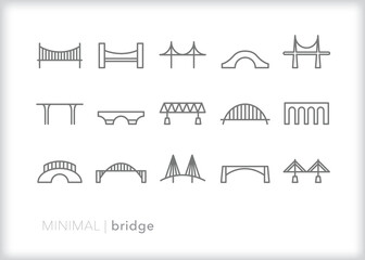 Set of bridge line icons of different types of infrastructure for transportation