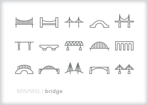Set of bridge line icons of different types of infrastructure for transportation