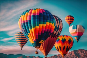 Fototapeta premium a group of hot air balloons flying in the sky over a mountain range with mountains in the background and a blue sky with clouds above them, with a few clouds, and a few. Generative AI 
