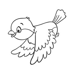 Little titmouse is flying. In cartoon style. Picture in a black outline. Isolated on white background. For coloring book. Vector illustration.Isolated on white background.