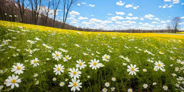 Spring meadow with white daisy flowers and yellow dandelions. Generative AI