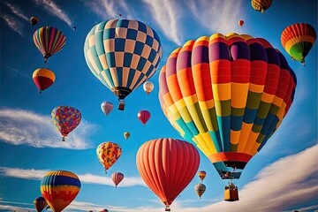 Obraz premium a bunch of hot air balloons flying in the sky with a blue sky background and clouds in the background, with a few clouds in the sky, and a few of the balloons in the foreground. Generative AI 