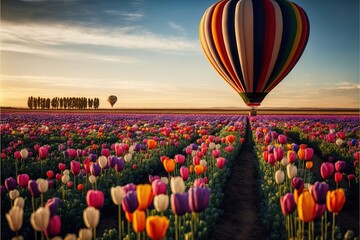  a field of flowers with a hot air balloon in the sky above it and a dirt path leading to the ground and a field of flowers in the foreground with a few trees and. Generative AI 