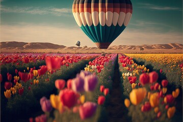  a large balloon flying over a field of flowers in the sky with a bird flying above it and a bird in the distance above the field with a balloon in the sky above the field. Generative AI 