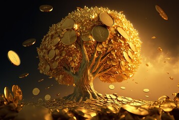 golden gold coin tree has coins as leaves that fall on ground, idea for limitless income, wealth and prosperity, rich and successful business growth	 Generative Ai - obrazy, fototapety, plakaty