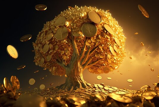 Golden Gold Coin Tree Has Coins As Leaves That Fall On Ground, Idea For Limitless Income, Wealth And Prosperity, Rich And Successful Business Growth	
