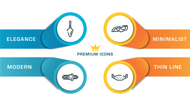 car parts outline icons with infographic template. thin line icons such as garden palette, spark plug, headlights, brake pad vector.