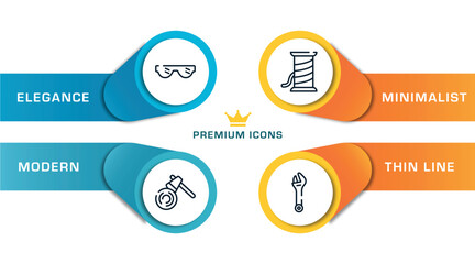 construction tool outline icons with infographic template. thin line icons such as eye protection, woodcutter, copper wire, spanner vector.