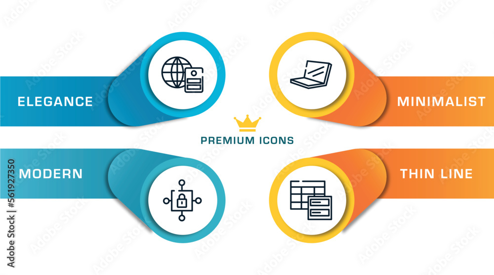 Wall mural computer and media outline icons with infographic template. thin line icons such as server with the earth, locked internet security padlock, laptop in perspective, data spreadsheet vector.