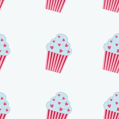 Seamless pattern with blue cupcakes with hearts. Valentine's day sweets. Flat vector