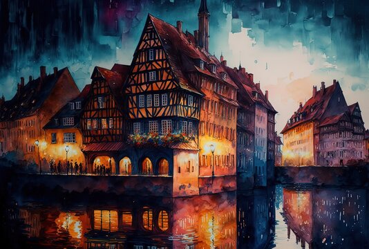 illustration with brush stroke texture, oil painting style, cityscape view inspired from Colmar, France  Generative Ai
