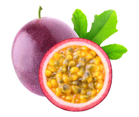 One whole passion fruit (maracuya) and cross section with seeds, cut out - obrazy, fototapety, plakaty