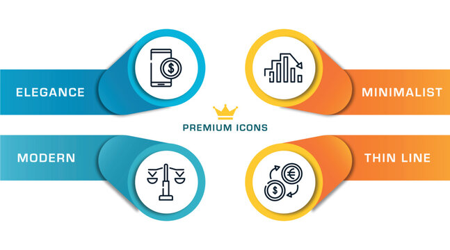 business financial outline icons with infographic template. thin line icons such as stock price, equality, peak, money exchange vector.