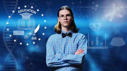 Portrait of university student guy on glowing background with educational signs