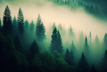 Calm green forest natural background with tree tops and fog
