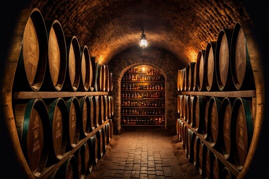  A Tunnel With Many Wine Barrels In It And A Light Hanging From The Ceiling Above It And A Brick Floor And A Brick Wall With A Light Fixture On The Ceiling Above It, And. Generative AI 