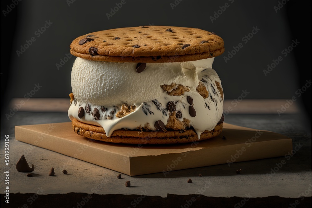 Sticker  a cookie ice cream sandwich on a piece of cardboard with chocolate chips on top of it and a cookie on top of it with a cookie on top of it and on a brown paper. Generative AI 