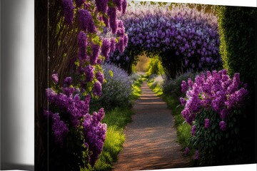  a pathway with purple flowers on both sides of it and a path leading to the end of the path is surrounded by bushes and flowers on both sides of the path are purple and green. Generative AI 