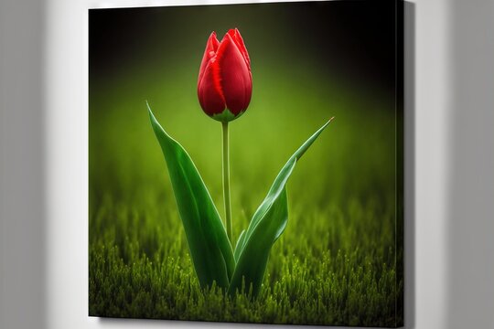  a single red tulip sitting in the grass on a green background by corbi - artz - prints com - 1 - canvas art gallery - 1 - piece art gallery - 1. Generative AI 