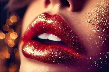 Shimmering, glittery women's lips - Generative AI image made to look like photorealistic macro photograph of lusciously red lips with glittery lipstick and makeup - obrazy, fototapety, plakaty