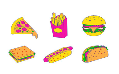 Set of neon colors fast food. Illustration of cheeseburger, hot dog, sandwich, fries and taco.	