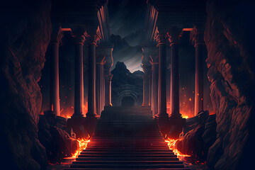 The eternal fire, dark atmospheric landscape with stairs to ancient columns and font of fire, fantasy background