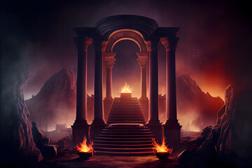 Obraz premium The eternal fire, dark atmospheric landscape with stairs to ancient columns and font of fire, fantasy background