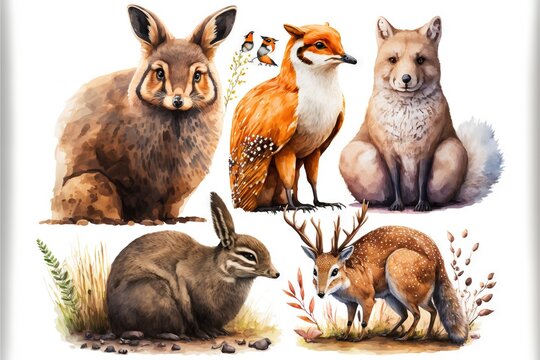  a group of animals that are sitting in the grass together, including a fox, a deer, and a deer with a bird on its head, and a bird on its back, and a. Generative AI 