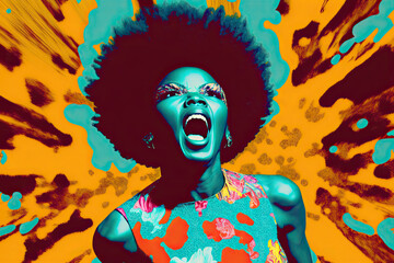 Generative AI illustration of an afro woman screaming in pop style.Artwork - obrazy, fototapety, plakaty