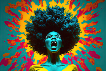 Generative AI illustration of an afro woman screaming in pop style.Artwork