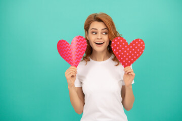 happy birthday. young girl with red heart on blue background