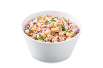 Cooked salmon white bean red onion salad in a bowl on a white isolated background