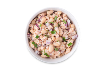 Cooked salmon white bean red onion salad in a bowl on a white isolated background