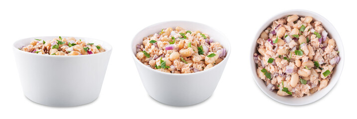 Cooked salmon white bean red onion salad in a bowl on a white isolated background