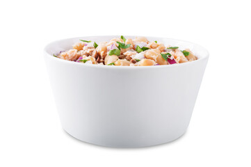 Cooked salmon white bean red onion salad in a bowl on a white isolated background