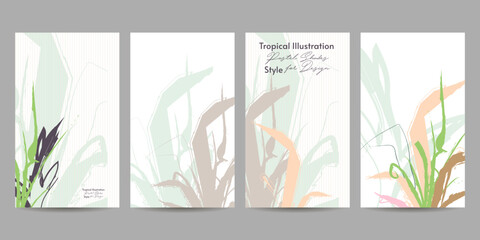 Tropical illustration leaves Painting art pastel muted pale calm tones card templates set. Collection set of romantic invitations