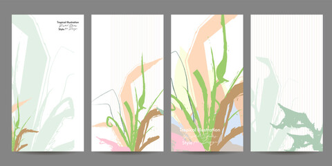Naklejka na ściany i meble Tropical illustration leaves Painting art pastel muted pale calm tones card templates set. Collection set of romantic invitations