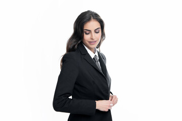 Business woman in suit and tie. Confident female entrepreneur. Businesswoman correct necktie, prepare for business meeting. Portrait of attractive elegant fixing suit isolated on white background.