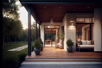 Modern luxury porch, terrace in garden with comfy sofa bed - obrazy, fototapety, plakaty