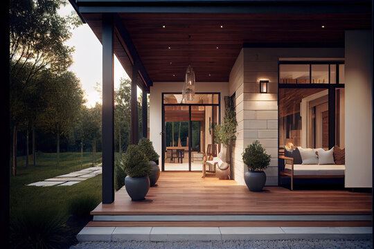 Modern luxury porch, terrace in garden with comfy sofa bed