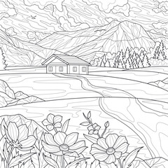 House near the mountains and flowers.Coloring book antistress for children and adults. Illustration isolated on white background.Zen-tangle style. Hand draw