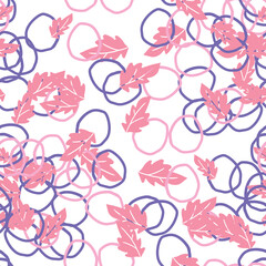 Abstract colorful doodle seamless pattern with leaves, plants, branches. Messy fantasy floral background.