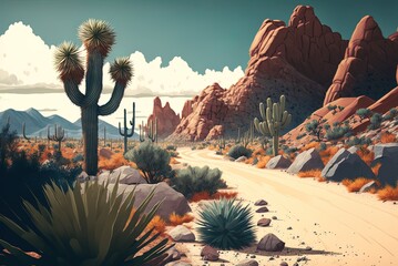Scenic desert scene with a road and some cacti and rocks. Generative AI